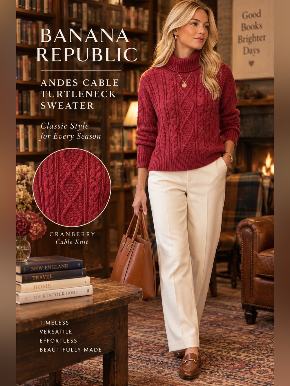Banana Republic Andes Cable Turtleneck Sweater Cranberry Wool Blend M